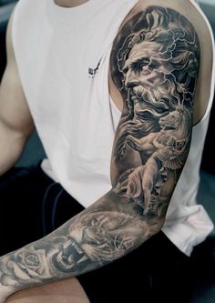 Men’s Outer Forearm Tattoo, Zeus Tattoo Design Greek Gods, Greek Tattoo Sleeve, Best Shoulder Tattoos Men, Greek Mythology Tattoos Sleeve, Outer Bicep Tattoos, Greek God Tattoo, Roman Tattoo, Gladiator Tattoo