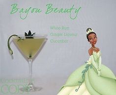 an image of a woman in a green dress next to a martini