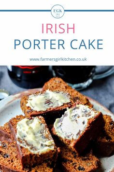 irish porter cake on a plate with cream cheese