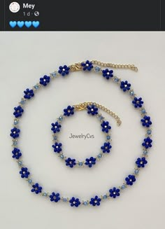 a blue flower beaded necklace and bracelet set on a white background with the words jewelrylovy written below it