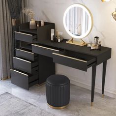 a dressing table with a mirror and stool