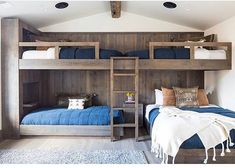 a bedroom with bunk beds and blue blankets