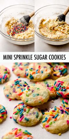 the process to make mini sprinkle sugar cookies is shown in three different pictures