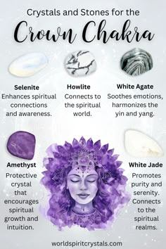 Elevate your crown chakra with the perfect crystals and stones. 🌟 selenite, howlite, white agate, amethyst, and white jade are ideal for enhancing spiritual connection, clarity, and enlightenment. These stones can help you achieve a deeper sense of peace and understanding. Let the serene energy of these crystals guide you on your spiritual journey. 🌿✨ #ChakraHealing #CrystalEnergy #CrownChakra Crystals For Chakras, Meditation With Crystals, Crown Chakra Crystals, Crystal Corner, Crystal Powers, Energy Stones Crystal Healing, Crystals Guide, The Crown Chakra, Chakras Yoga