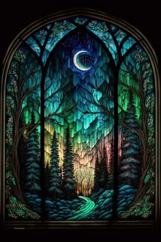 a stained glass window with trees and a moon in the night sky over a forest