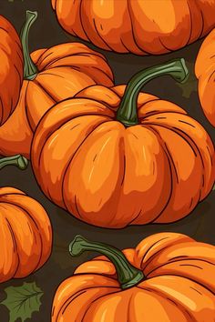 a bunch of orange pumpkins sitting on top of a green surface with leaves around them