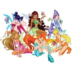 several cartoon characters with different hair colors and body shapes, all dressed up as fairy princesses