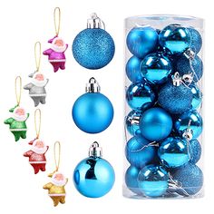 blue and silver christmas ornaments in a package