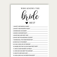 a black and white wedding game with the words who knows the bride best