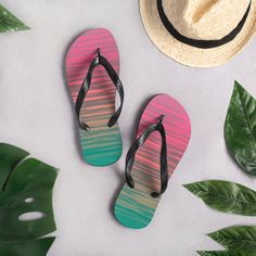 Let your feet breathe! With a high quality print, these Flip Flops are a must have item on the beach, around the house or to brighten up a special outfit on hot summer days. .: 100% Rubber .: Multiple sizes .: Textured black thong strap Prepare for an adventurous and carefree summer with a pair of colorful slippers that are created just for you! The rubber sole is lined with a soft fabric to make sure you feel comfortable wherever your day takes you. * Rubber sole * Customizable 100% polyester fabric lining * Black Y-shaped rubber straps * Toe post style Funky Sandals, Designer Flip Flops, Colorful Slippers, Rainbow Ombre, Beach Flip Flops, Colorful Rainbow, Must Have Items, Tongs, Thong Sandals