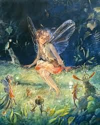 a painting of a fairy sitting on the ground surrounded by other animals and plants,