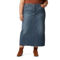 Welcome to the hottest trend in denim! The Maxi Skirt from Levi Strauss Signature feels right off the runway with its full length, back vent, and mid-rise. Made from soft, vintage-inspired stretch denim, it pairs perfectly with the 95 Trucker for a head-to-toe denim look thats right on-trend. This style is part of our Denim Collection, head-to-toe denim designs inspired by our archives. Size: 4.  Color: Blue.  Gender: female.  Age Group: adult. Medium Wash Denim Maxi Skirt Straight Leg, Casual Baggy Full-length Denim Skirt, Full-length Denim Blue Maxi Skirt, Chic Full-length Denim Skirt In Medium Wash, Blue Denim Full-length Maxi Skirt, Maxi Denim Skirt, Casual Denim Jeans, Long Jean Skirt, High Waisted Denim Skirt