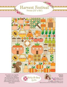 the harvest festival quilt pattern is shown in pink and orange colors, with flowers on it