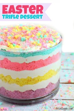 an easter trifle dessert with sprinkles on top and the title overlay reads, easter trifle dessert