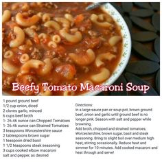 the recipe for beefy tomato macaroni soup is shown