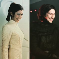 two different pictures of people in star wars costumes, one smiling and the other looking at the camera