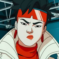 an animated image of a woman with black hair and piercings on her ears, wearing a red scarf