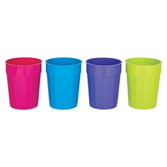 three different colored plastic cups sitting next to each other