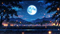 the full moon shines brightly in the night sky over a cityscape with mountains and trees