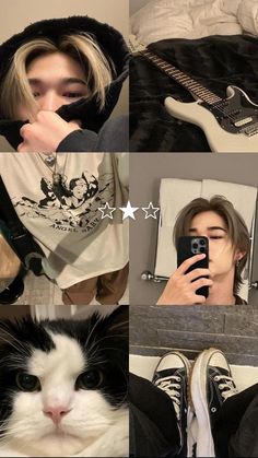 a collage of photos with a cat and a person holding a cell phone in front of them