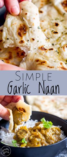 garlic naan being lifted from a bowl with rice