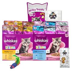 cat food and treats displayed on white background