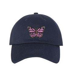 Embroidered light pink butterfly on navy baseball hat - DSY Lifestyle Light Pink Butterfly, Denison Texas, Hot Pink Butterfly, 75 Soft, Whimsical Accessories, Embroidered Butterfly, White Camo, Usa Patriotic, Embroidered Baseball