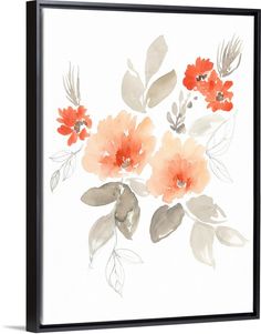 an orange and grey floral painting on a white wall