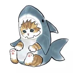 a cat in a shark costume sitting on the ground with its paw up to it's chest