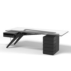 a black and white desk with a glass top on an isolated surface in front of a white background