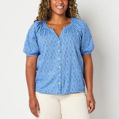 Add a fresh folksy feel to your wardrobe with this St. John's Bay women's blouse. Made from a woven cotton blend, this plaid blouse has short sleeves, a relaxed-fit and a split crew neck. Wear it with jeans. Closure Type: ButtonFit: Regular FitNeckline: Split Crew NeckSleeve Length: Short SleeveSleeve Style: Raglan SleeveApparel Length: 26 InchesFiber Content: 55% Cotton, 45% RayonFabric Description: Yarn Dyed Woven, WovenCare: Machine Wash, Tumble DryCountry of Origin: Imported Plaid Blouse, Woven Cotton, Blue Blouse, Short Sleeve Blouse, Cotton Weaving, Shirts Tops, Sleeve Blouse, Blouses For Women, Wear It