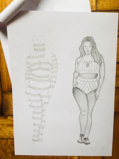 a drawing of a woman and a man in swimsuits next to each other