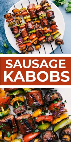 sausage kabobs on skewers with peppers and onions