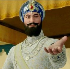 a man with a beard wearing a blue turban and pointing to the side