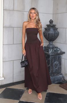 Elegant and chic. The Take Back Maxi Dress Chocolate features a strapless design with gel grip on bust, invisible centre back zipper and closure, fitted bodice design, and gathered skirt detailing. Style with pointed toe heels and gold accessories for an old-money look!    95% Cotton 4% Spandex  Em is 170cm & wears an XS Old Money Wedding Outfit, Old Money Wedding, Money Wedding, Engagement Shoot Outfit, Chocolate Men, Guest Attire, Wedding Attire Guest, Family Pics, Dress Inspo