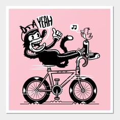 a pink poster with an image of a cat on a bicycle and the words yeah above it