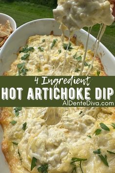 an image of hot artichoke dip being drizzled with cheese