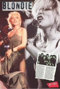 blondie magazine cover with blonde woman in black dress and man in white shirt on stage