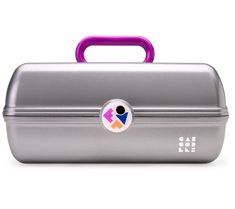 a silver lunch box with a purple handle