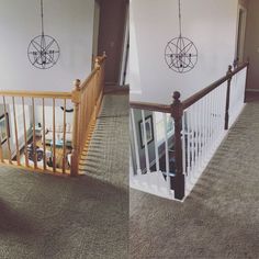 before and after shots of a stair railing in a house with carpeted flooring