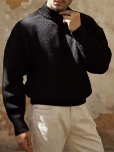 Black Casual Collar Long Sleeve Knitwear Plain Pullovers Embellished Slight Stretch  Men Clothing Black Sweater Outfit, Vintage Turtleneck, Male Sweaters, Loose Turtleneck, Fashion Knitting, Men Pullover, Autumn Decoration