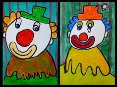 two paintings of clowns with different colors and sizes, one is red, the other is green