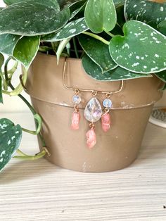 a potted plant sitting on top of a wooden table next to a pair of earrings