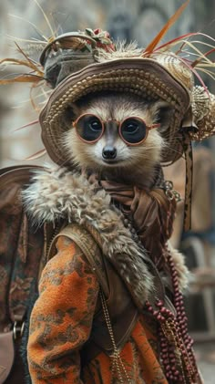 a racoon dressed up in an old fashion outfit and hat with feathers on it's head