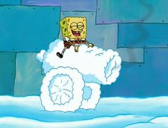 spongebob flying through the air on top of clouds