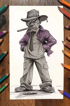 A graffiti-inspired drawing of a gangster character with a fierce expression, using easy graffiti techniques for bold personality. Gangster Style, Graffiti Characters