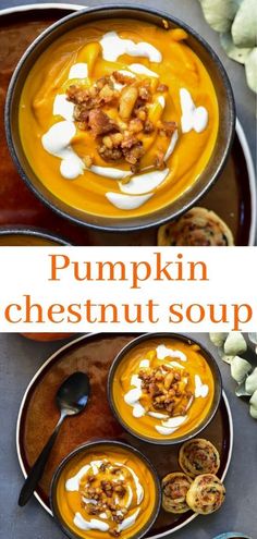 pumpkin cheesy soup is served in two bowls