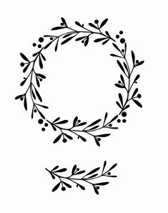 a black and white drawing of a wreath with berries on it's side, in the shape of the letter o