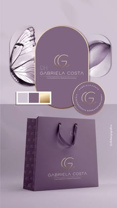 a purple bag with the name gabrila costa on it and a butterfly flying over it