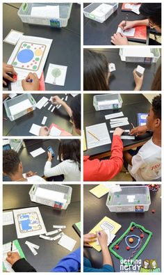 several pictures of children doing different things with paper and pencils on the table in front of them